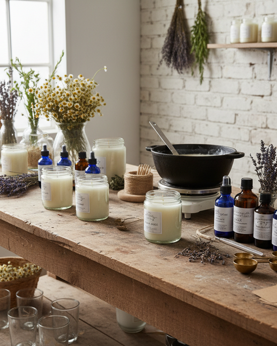 Imagen de velas artesanales de cera de soja en un taller de velas sin personas, sólo material de trabajo artesano