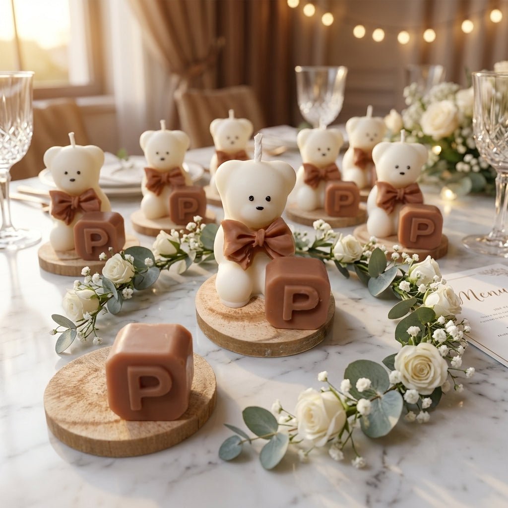 🧸 Vela de Bautizo con Osito con Inicial - VeCandles