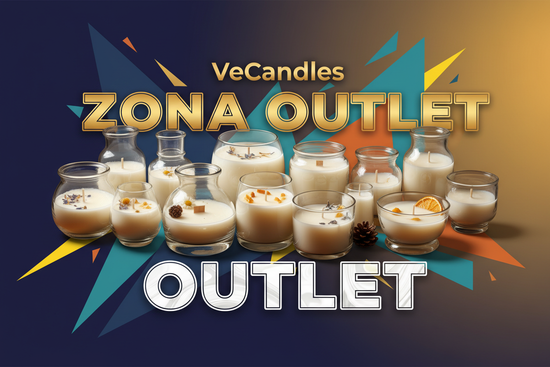 Zona outlet llamativa de velas artesanales de cera de soja en vaso de VeCandles. Sin %